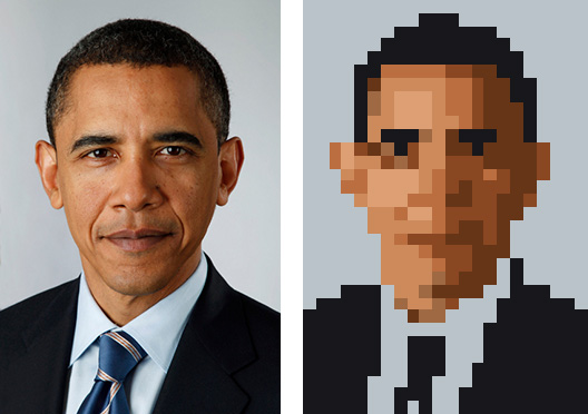 A portrait of Obama and the automatically generated pixel art.