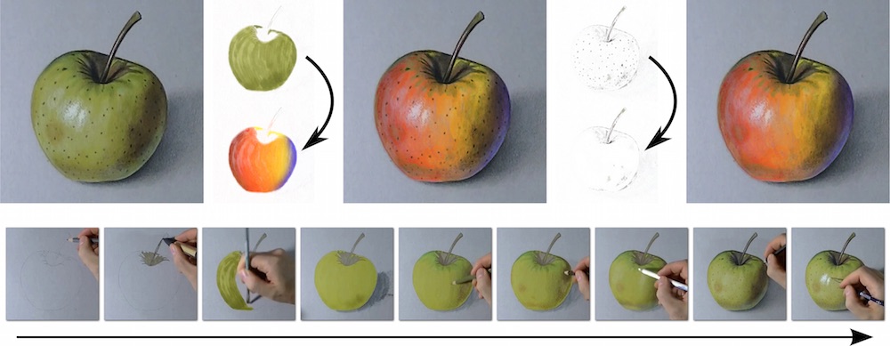 A time lapse video of an apple; changing its color under its spots; erasing its spots.